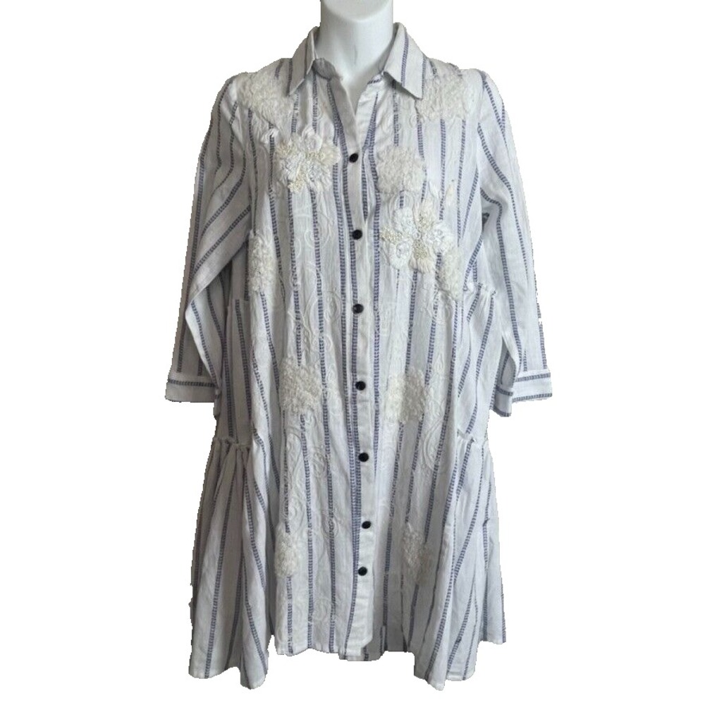 Lola Casademunt S Blue White Striped Shirt Dress High Low‎ Hem Coastal Fairy